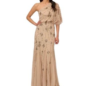 Adrianna Papell One Shoulder Beaded Sequined Gown in Nude - Sz 6